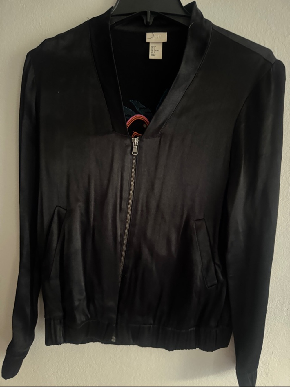 H&M Black Satin-Style Bomber Jacket - Zip Front with flamingo